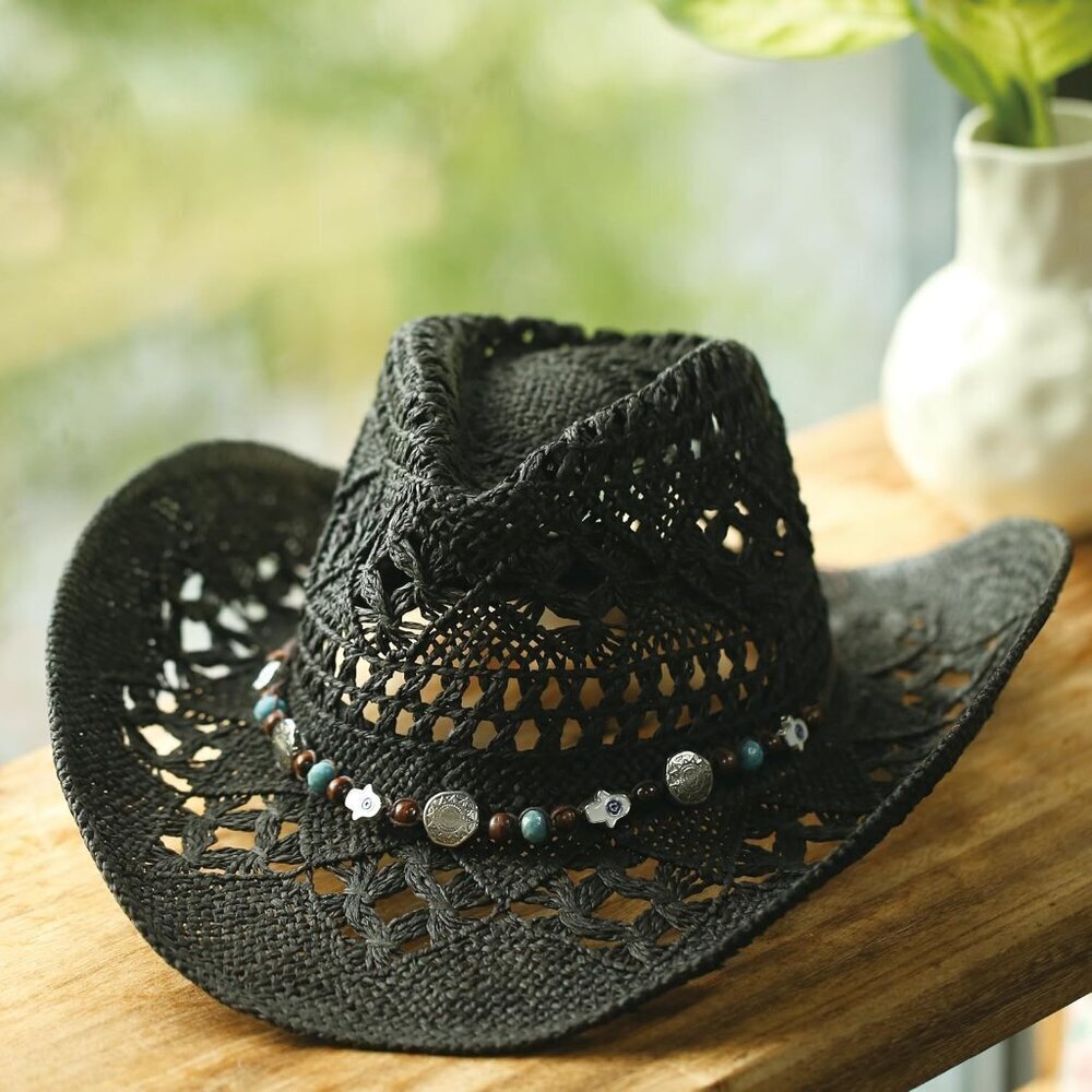 Faux Raffia Cowboy Hat Wide Brim Sun Protection Beach Vacation Accessory - Picture 7 of 7
